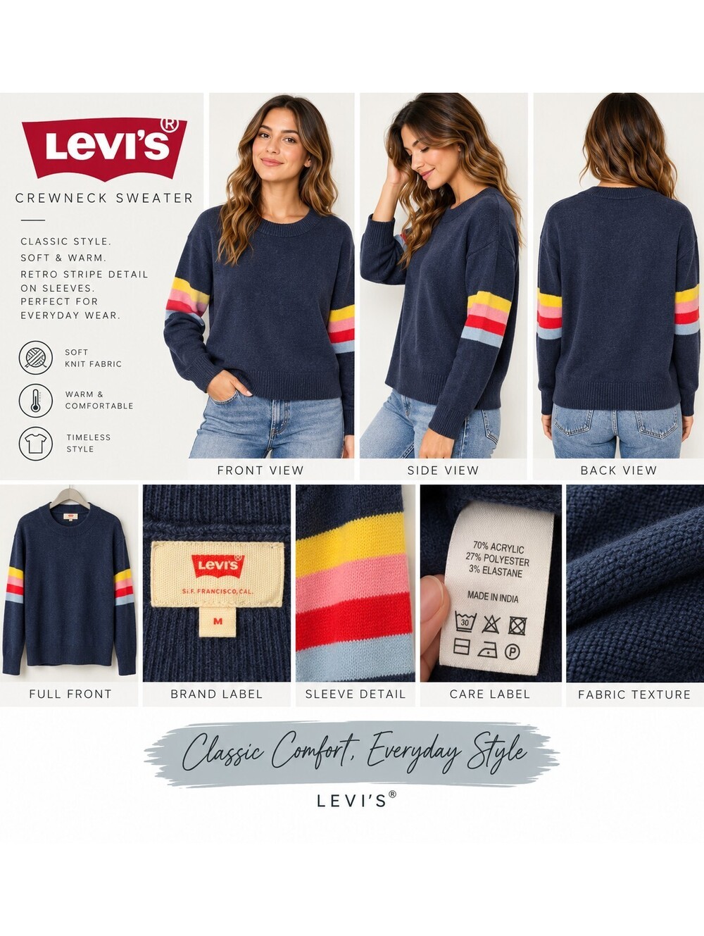 Levi's Navy Crewneck Sweater with Rainbow Sleeve Stripes size M